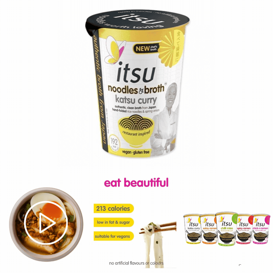 Itsu Kotsu Curry noodles and broth cup featuring yellow design and nutrition facts.