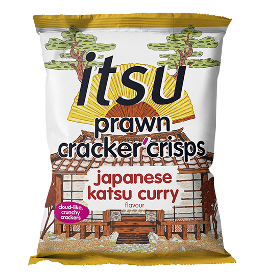 itsu prawn cracker crisps in Japanese katsu curry flavor packaging.
