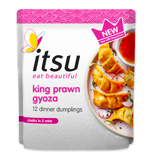 Itsu King Prawn Gyoza packaging showing cooked dumplings with radish and dipping sauce.