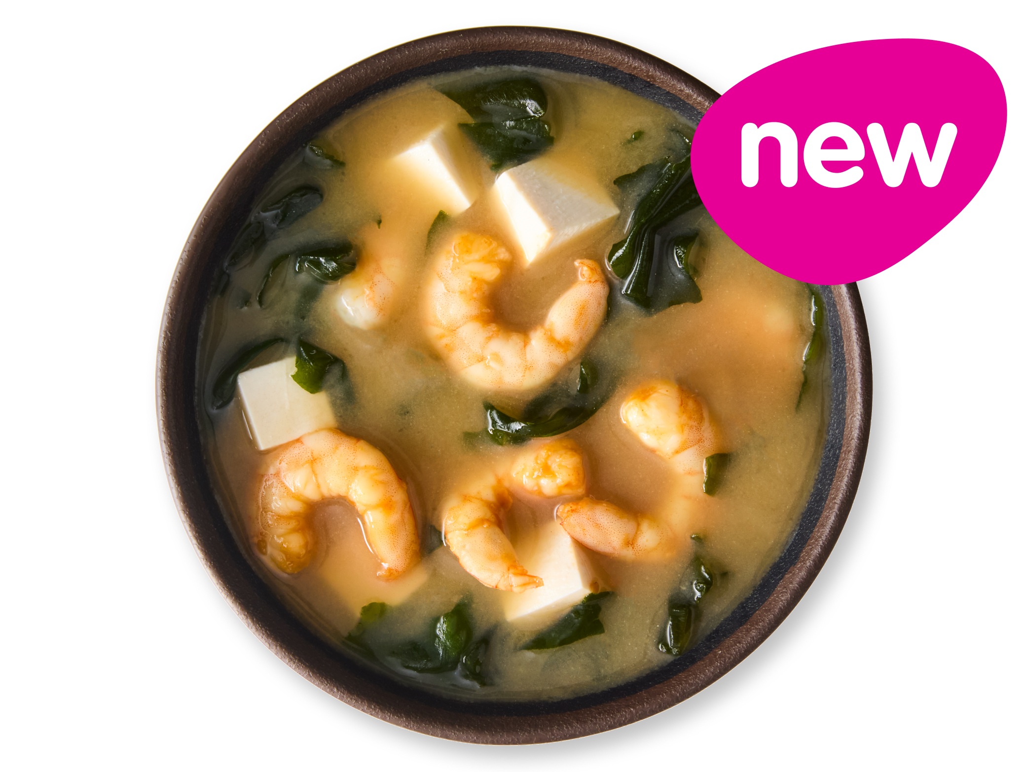 A bowl of 'new' miso soup with shrimp, tofu, and seaweed.
