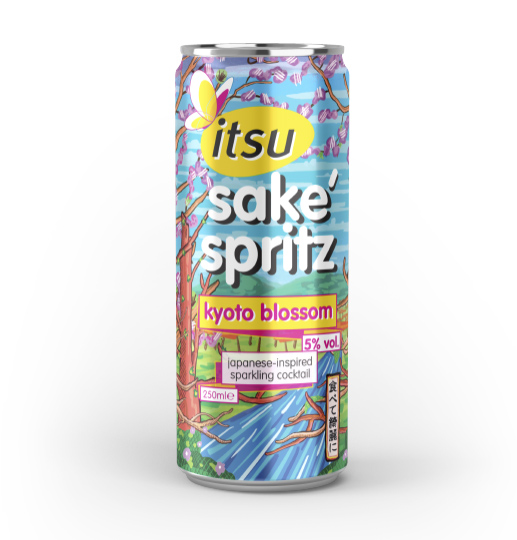itsu sake spritz Kyoto blossom can with a colorful cherry blossom design.