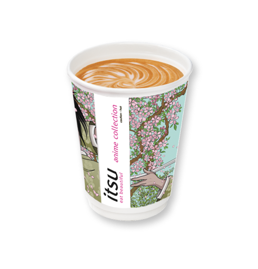 A white Itsu coffee cup with anime cherry blossom design, holding a latte with beautiful art.