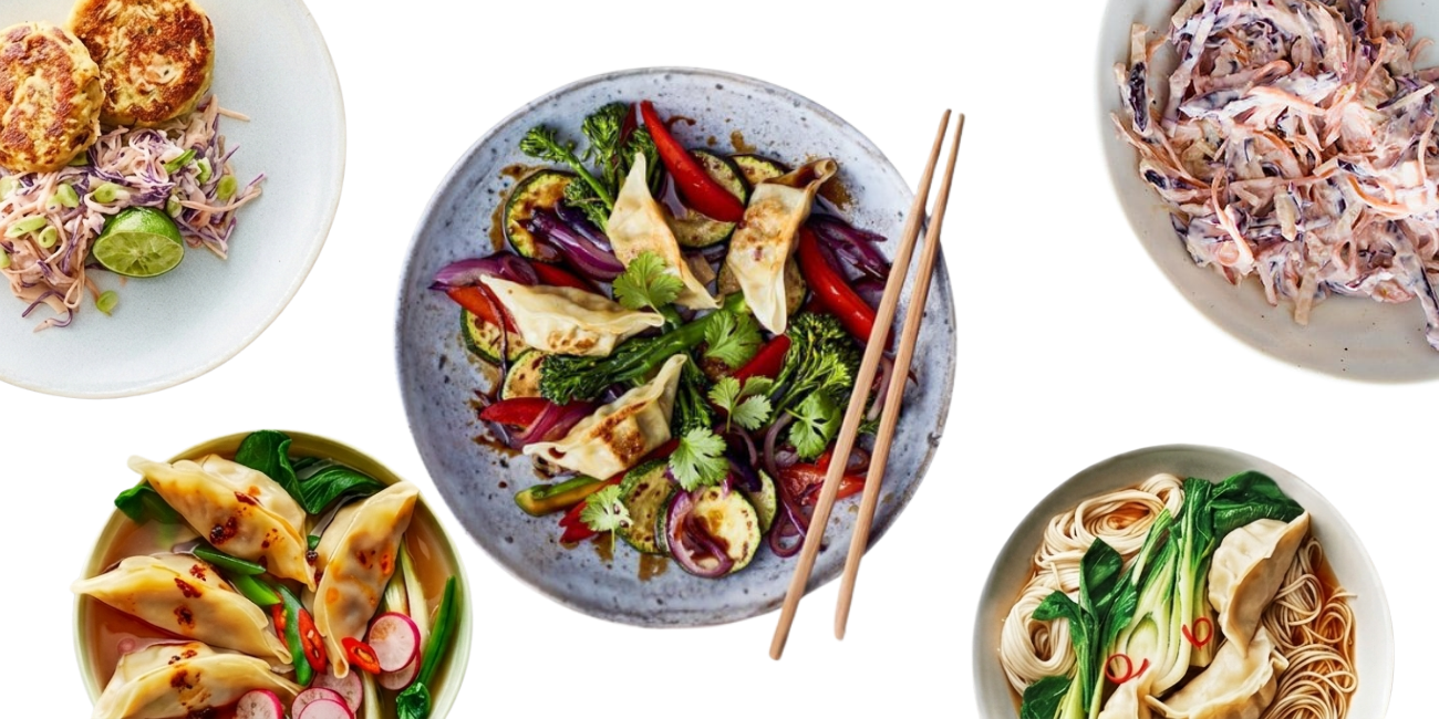 A variety of five delicious Asian-inspired dishes including dumplings, stir-fries, and salads.