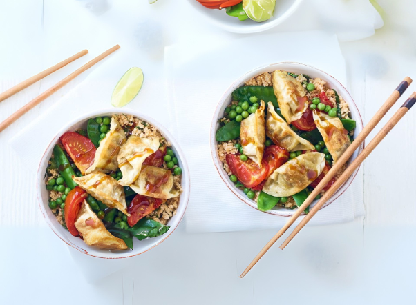 lime & coriander cauliflower rice with gyoza