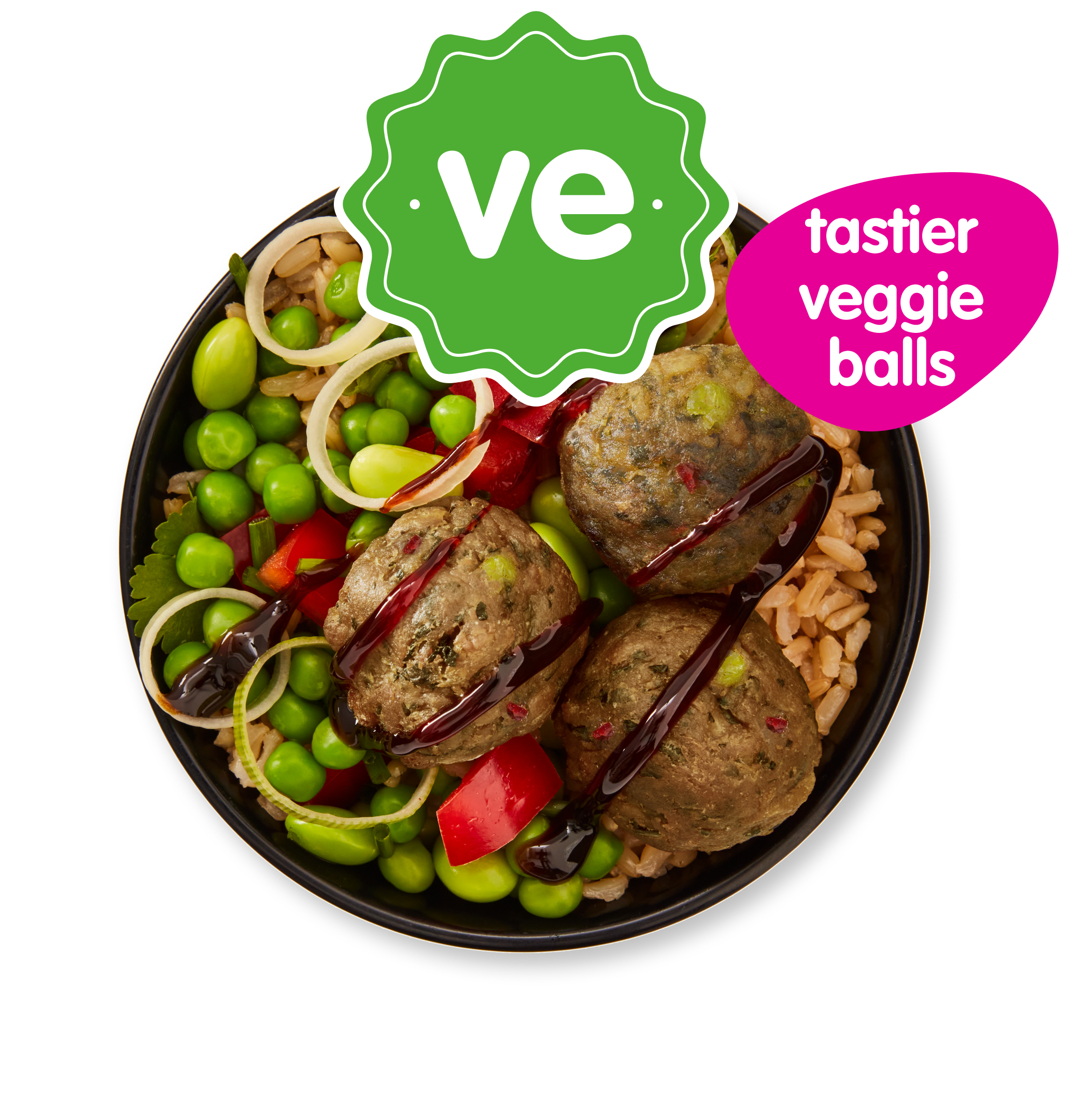 Vibrant vegan bowl with three veggie balls, brown rice, edamame, and red onion slices.