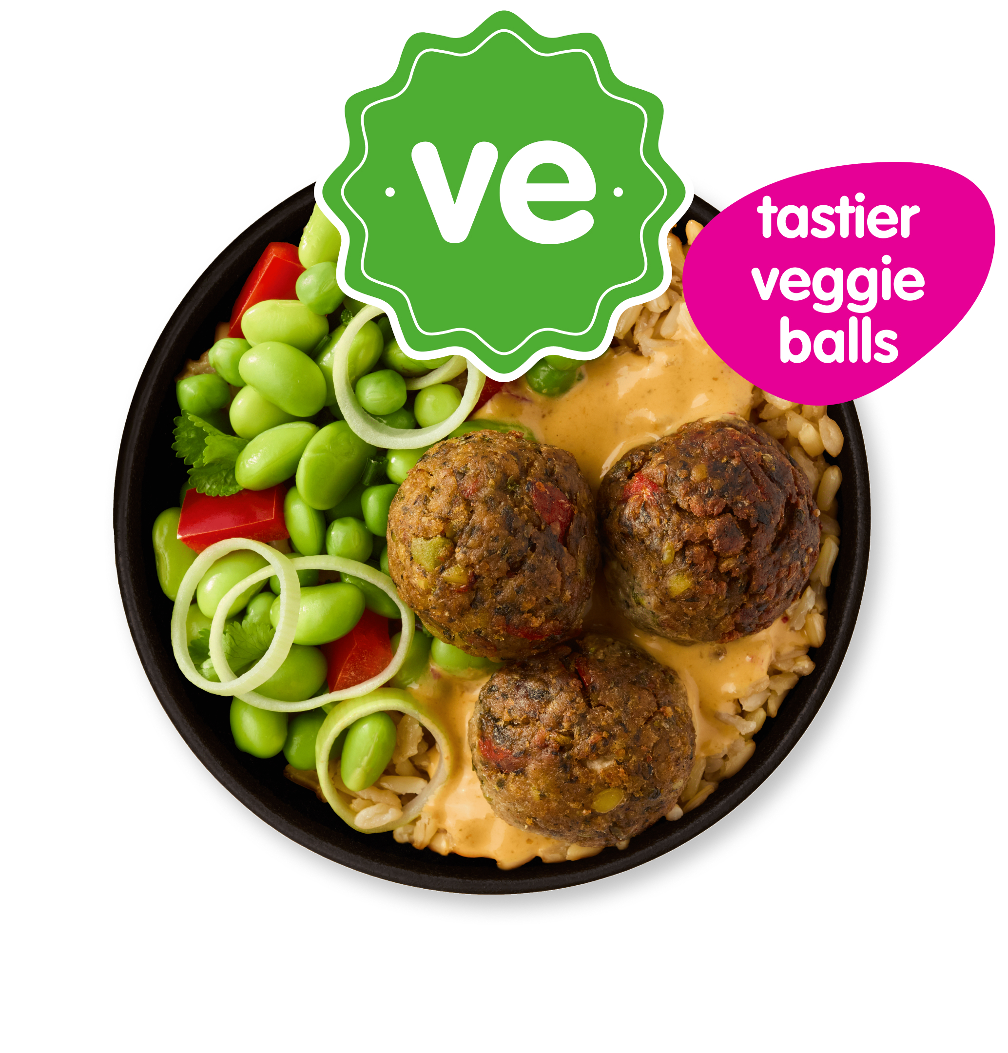 Bowl of veggie balls with edamame, red pepper, and onion, labeled 've' and 'tastier veggie balls'.
