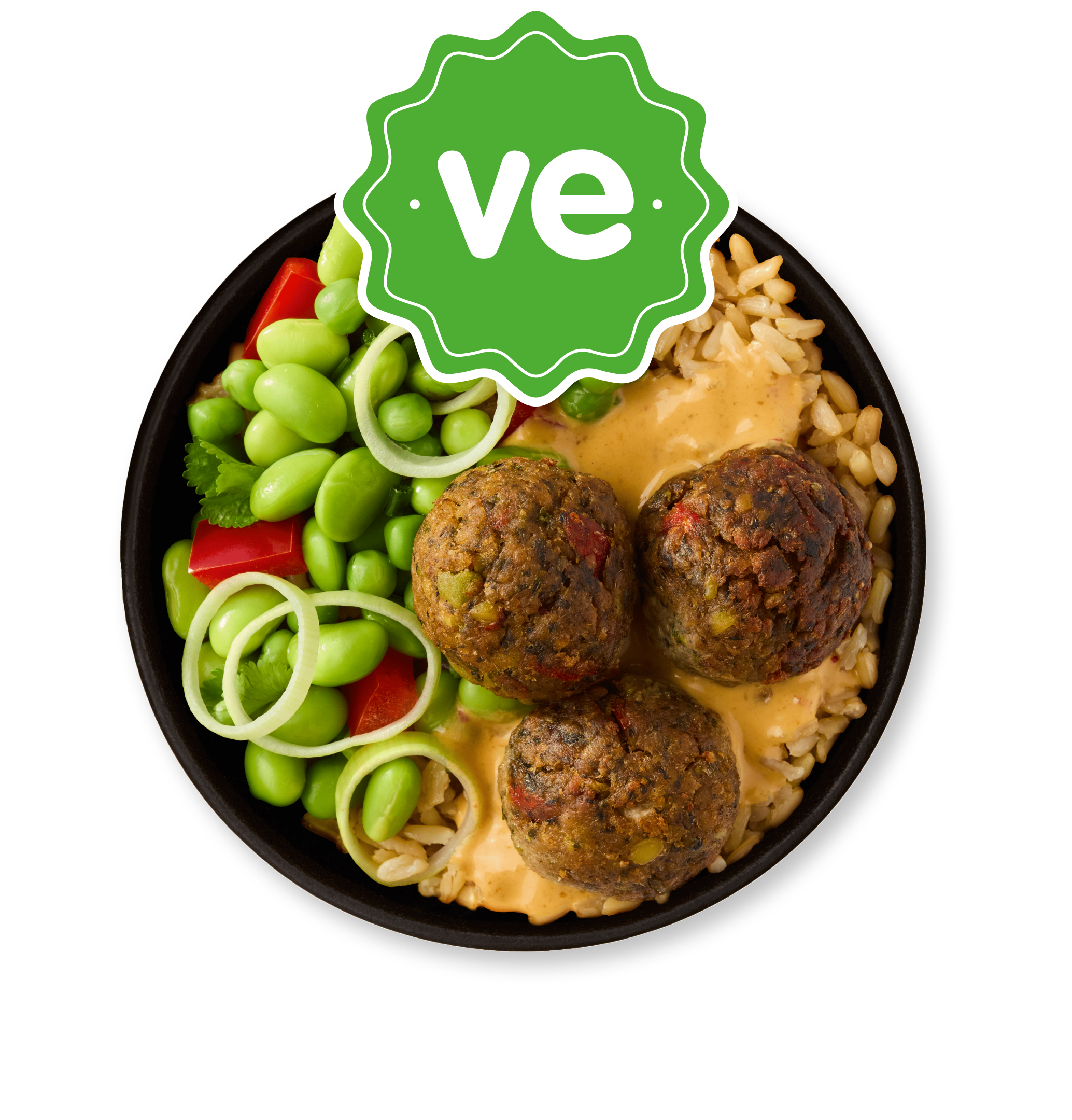 A black bowl with plant-based meatballs, rice, edamame, and onions, marked 've'.