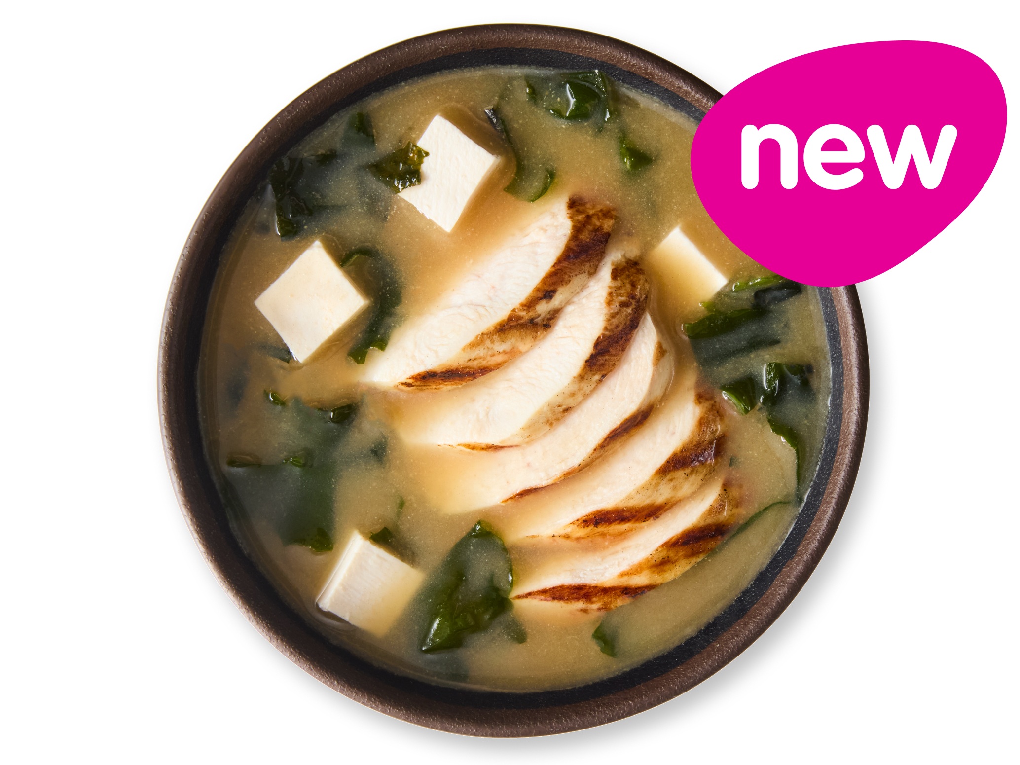 Miso soup with grilled chicken, tofu cubes, and seaweed, featuring a 'new' tag.
