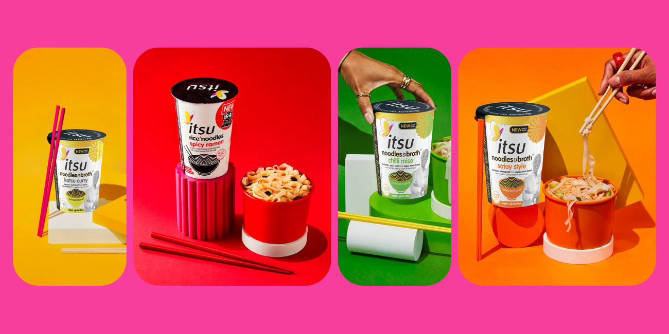 Four vibrant panels showcase Itsu instant noodle cups, chopsticks, and prepared ramen in colorful settings.