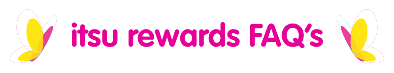 Pink text reads 'itsu rewards FAQ's' bordered by yellow butterfly illustrations.