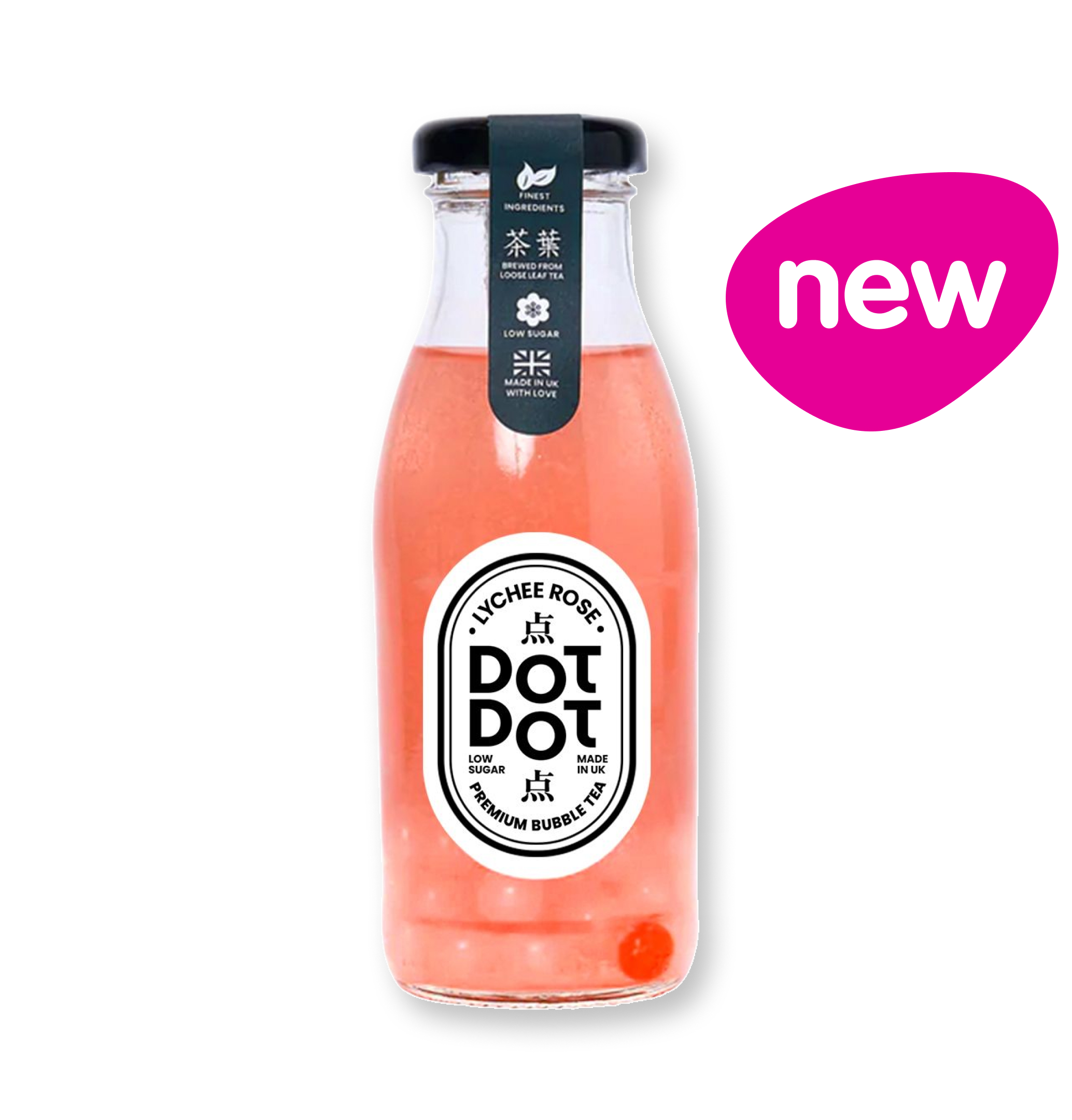 Glass bottle of pink DOT DOT beverage with a black cap and a pink 'new' label.