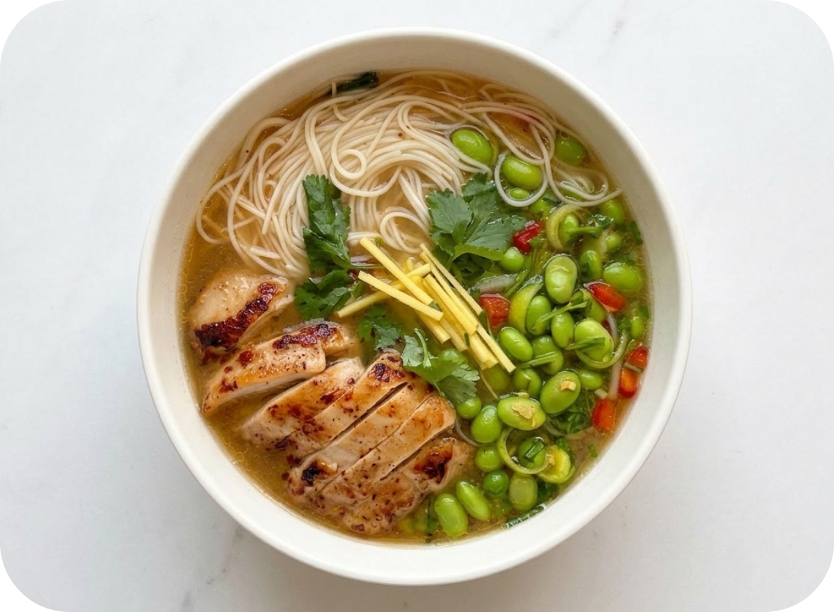 A nourishing bowl of chicken noodle soup with edamame, ginger, and fresh greens.