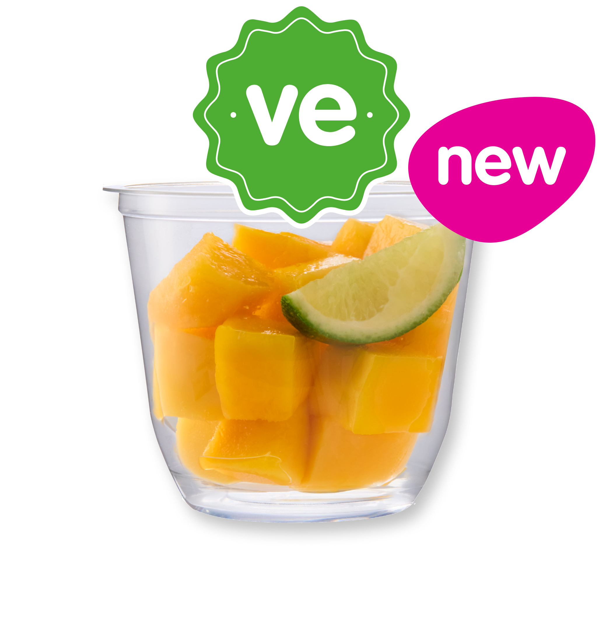 Clear cup of diced mango with a lime wedge, featuring 've' and 'new' labels.