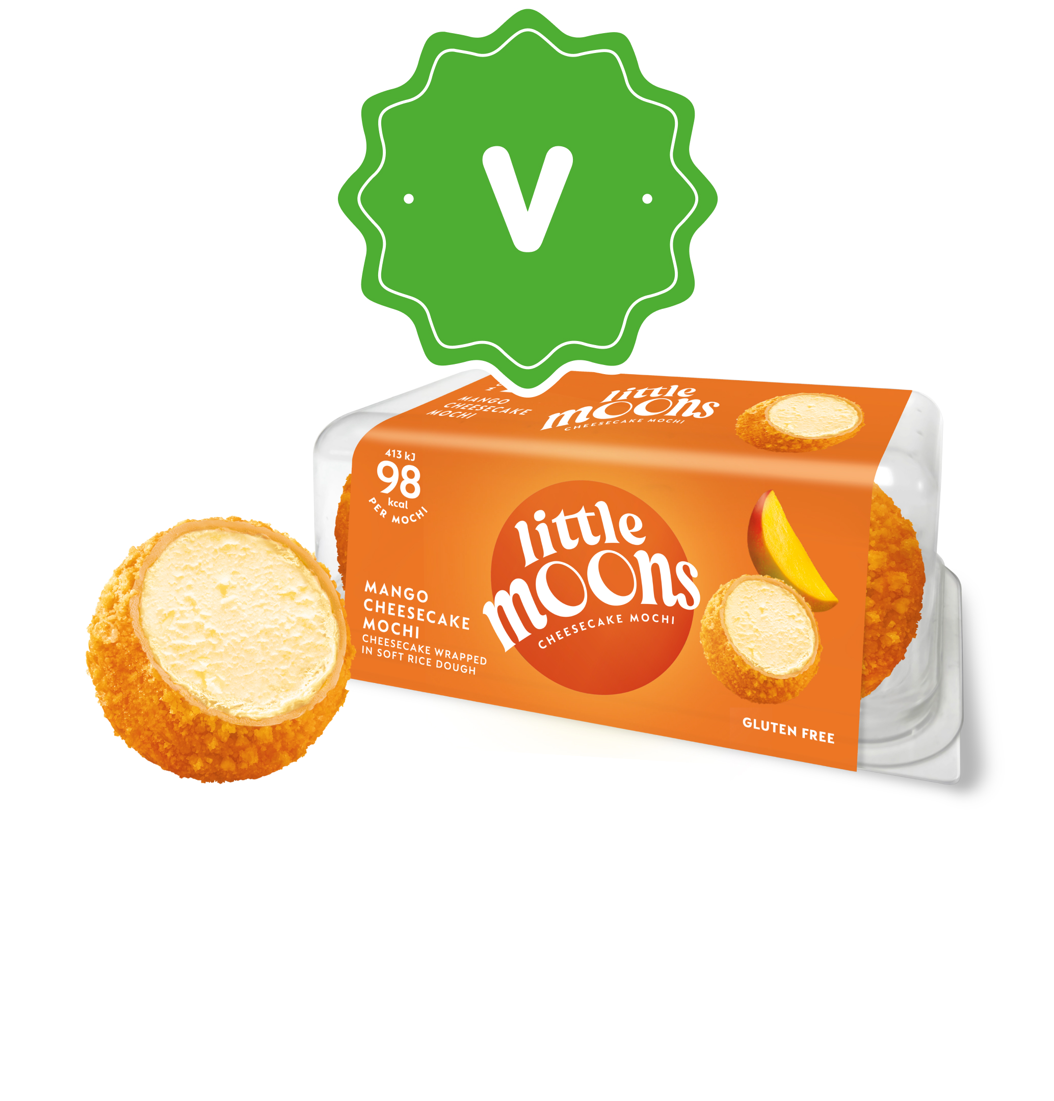 Vegan Little Moons mango mochi package with one unwrapped mochi bite showing creamy filling.