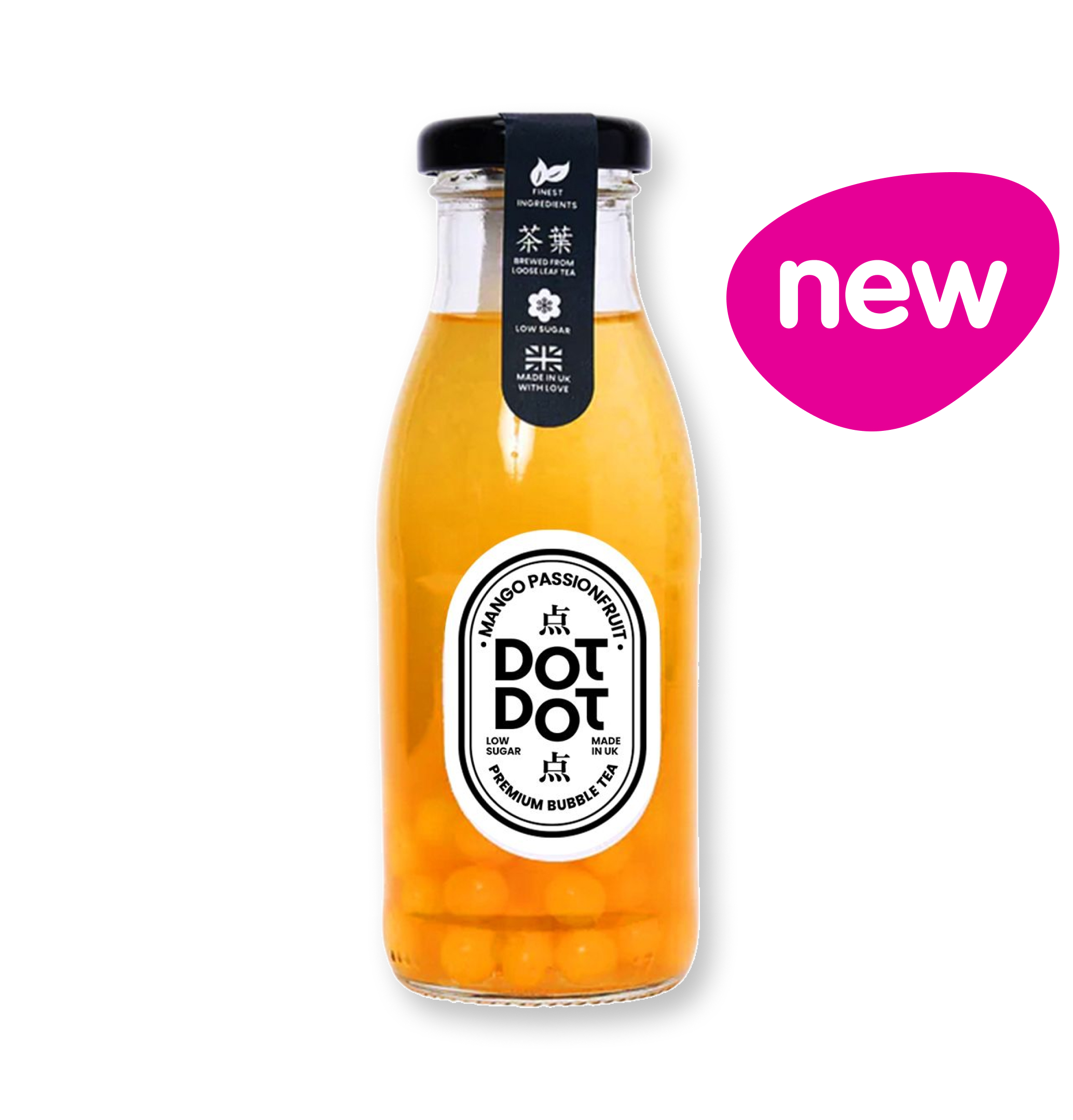 DOT DOT beverage bottle with orange liquid, tapioca pearls, and a 'new' label.