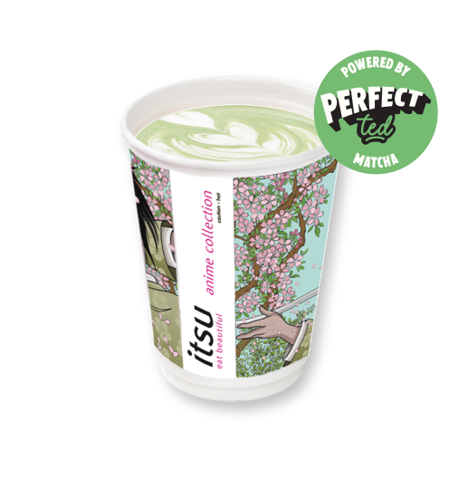 Matcha latte in an Itsu anime collection cup with cherry blossoms, powered by Perfect Daily Matcha.