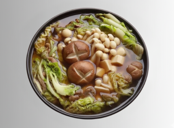 Hearty hot pot filled with shiitake mushrooms, various vegetables, and tofu cubes.