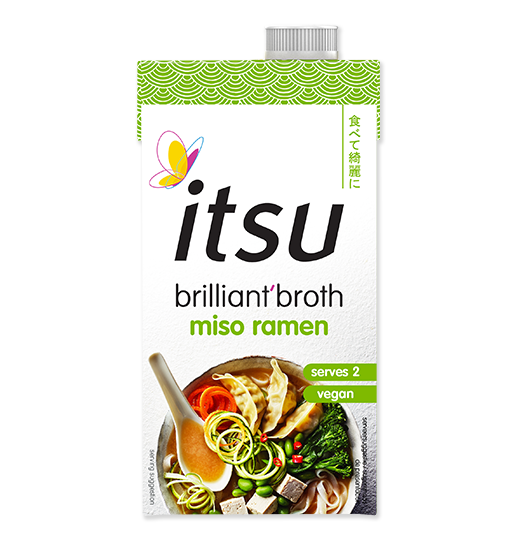 White Itsu brilliant broth miso ramen carton with a green top and an appetizing ramen illustration.