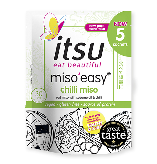 Itsu miso'easy chilli miso ramen sachets, vegan and gluten-free, with a butterfly logo.