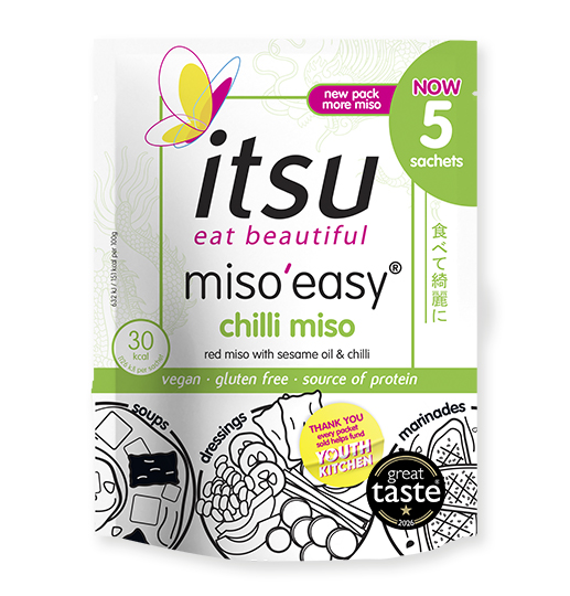 itsu miso'easy chilli miso soup, 5 sachets, vegan, gluten-free, source of protein.