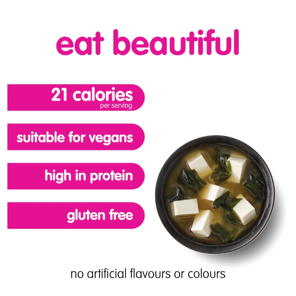 Miso soup with tofu and seaweed, labeled 21 calories, suitable for vegans, high in protein, gluten-free.