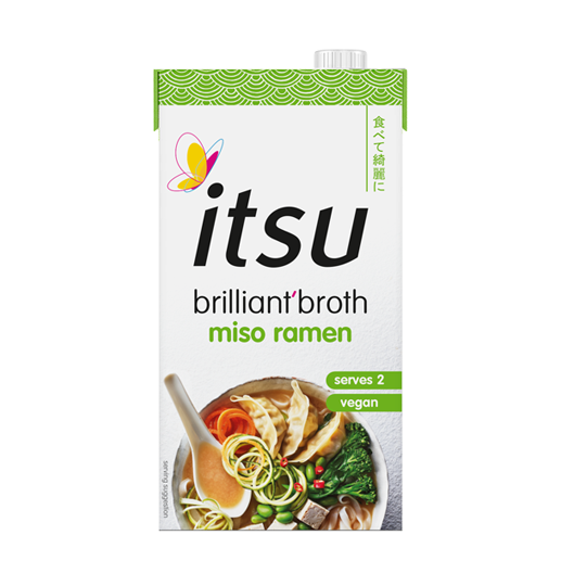 itsu brilliant'broth miso ramen carton showing a bowl of ramen and 'vegan' label.