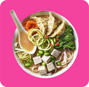 A vibrant bowl of ramen noodles with dumplings, tofu, edamame, and vegetables.