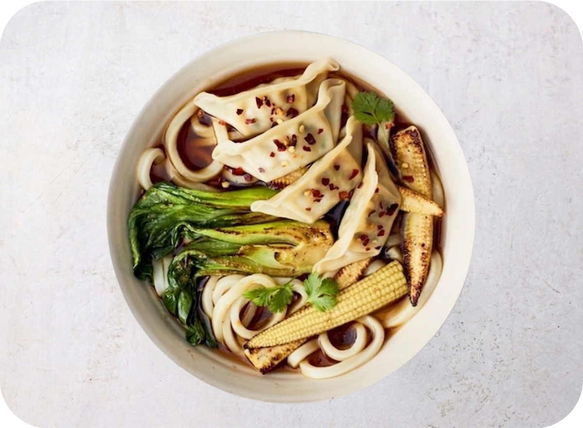 A bowl of udon noodle soup with dumplings, bok choy, baby corn, and eggplant.