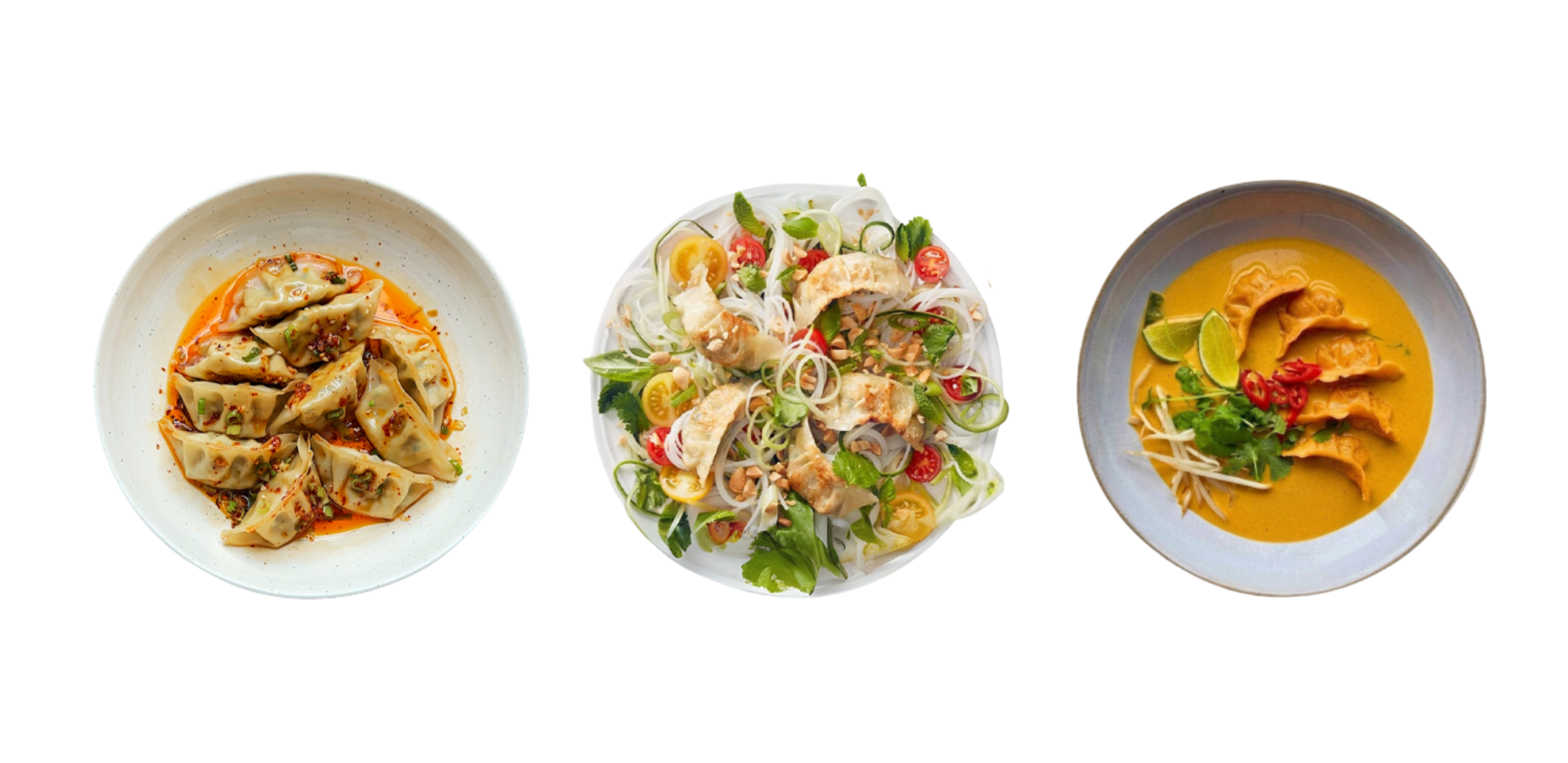 Three distinct Asian dishes: spicy chili oil dumplings, fresh noodle salad, and savory curry with dumplings.