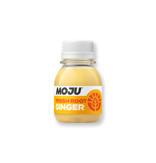 A small bottle of MoJu Fresh Root Ginger shot with a white cap.