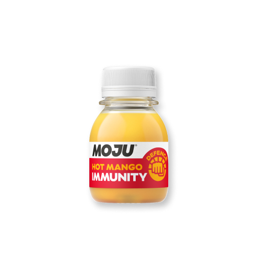 A small bottle of MoJu Hot Mango Immunity drink with a white cap.