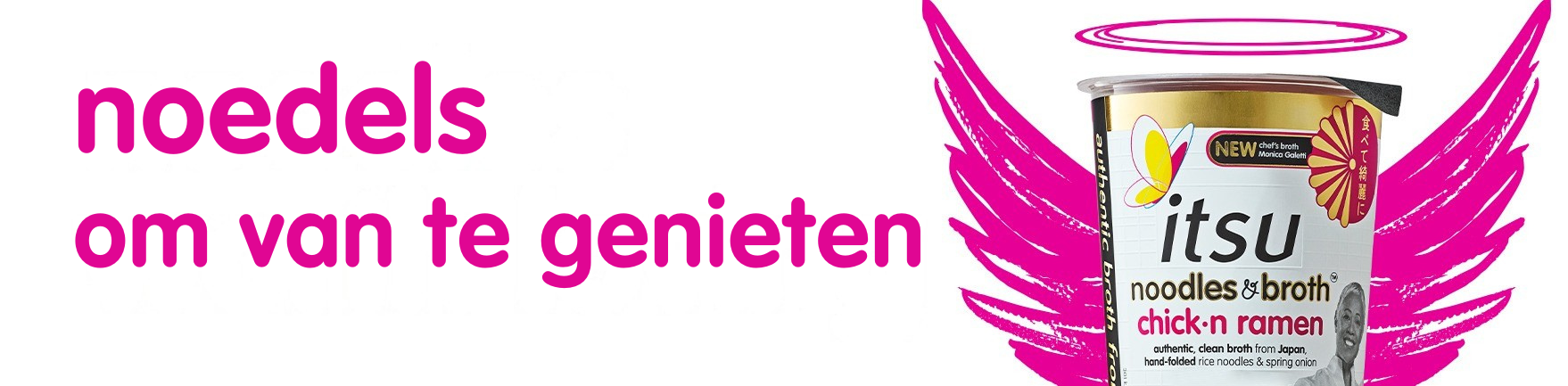 Itsu chick'n ramen cup with pink angel wings and halo, next to Dutch text about enjoying noodles.