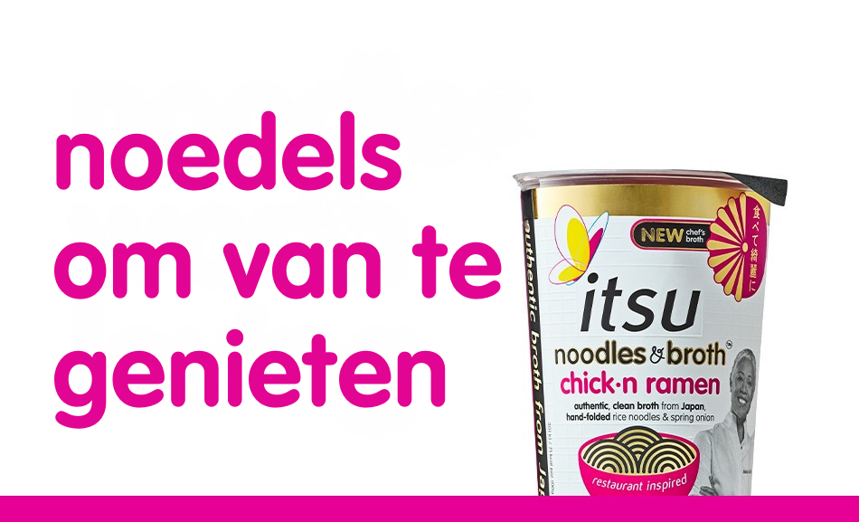 Itsu chick-n ramen cup noodles packaging next to pink promotional text on a white background.