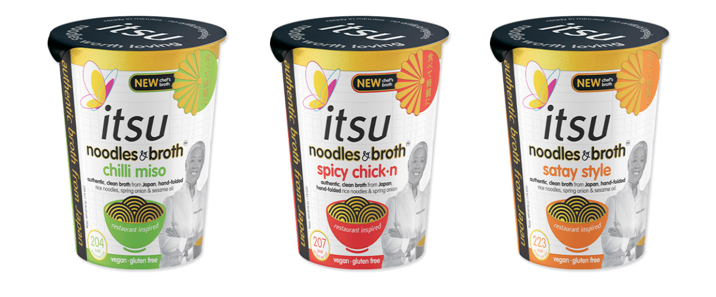 Three Itsu instant noodle broth pots in chili miso, spicy chicken, and satay styles.