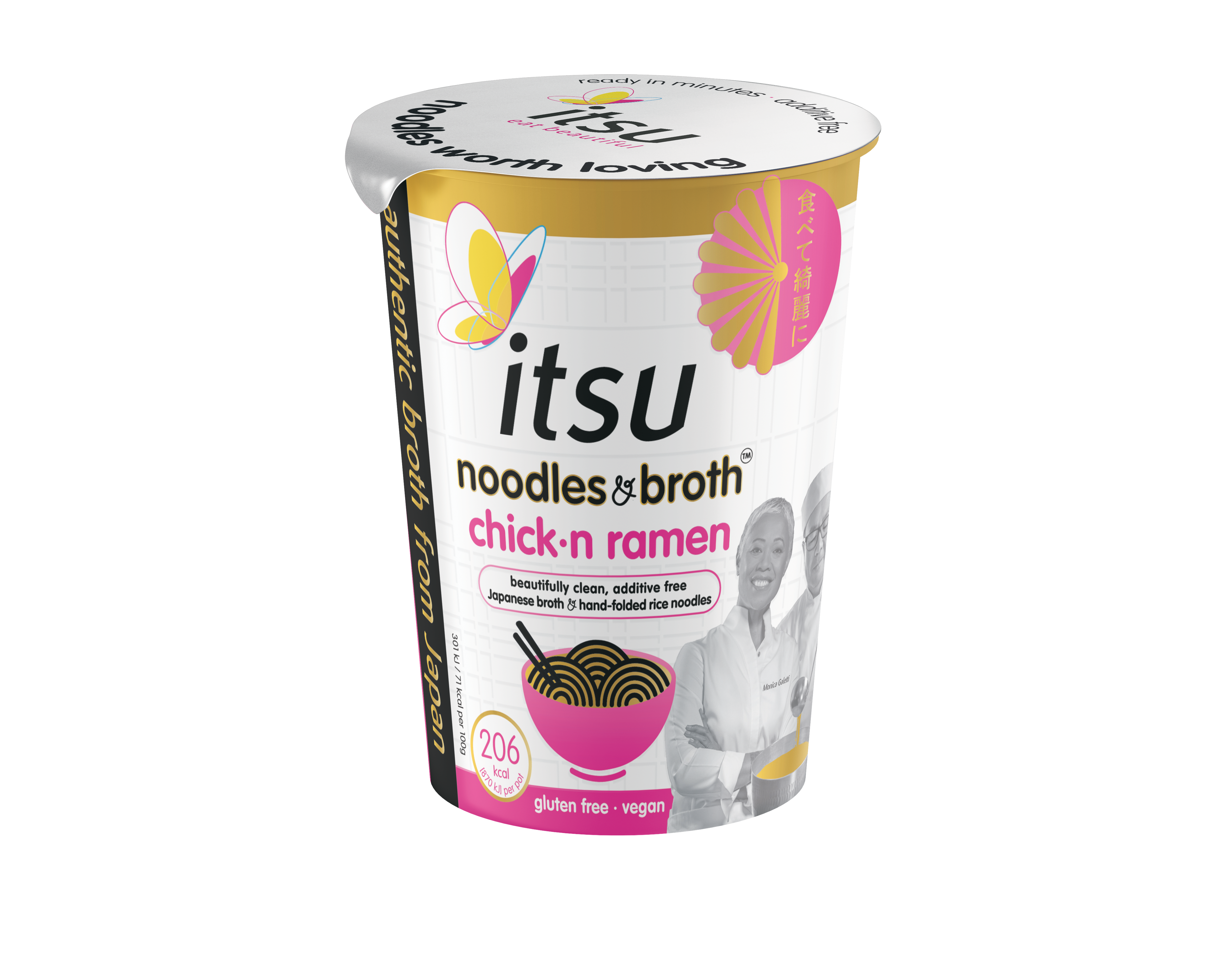 itsu chick-n ramen instant noodle cup with gold and pink label, promoting gluten-free and vegan.