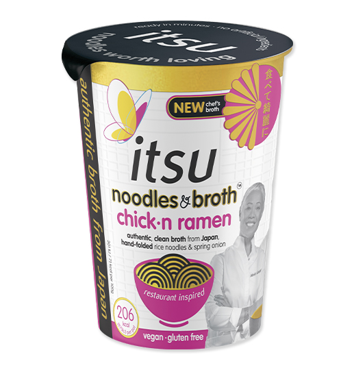 Itsu Chick'n Ramen noodles and broth cup, vegan and gluten-free.