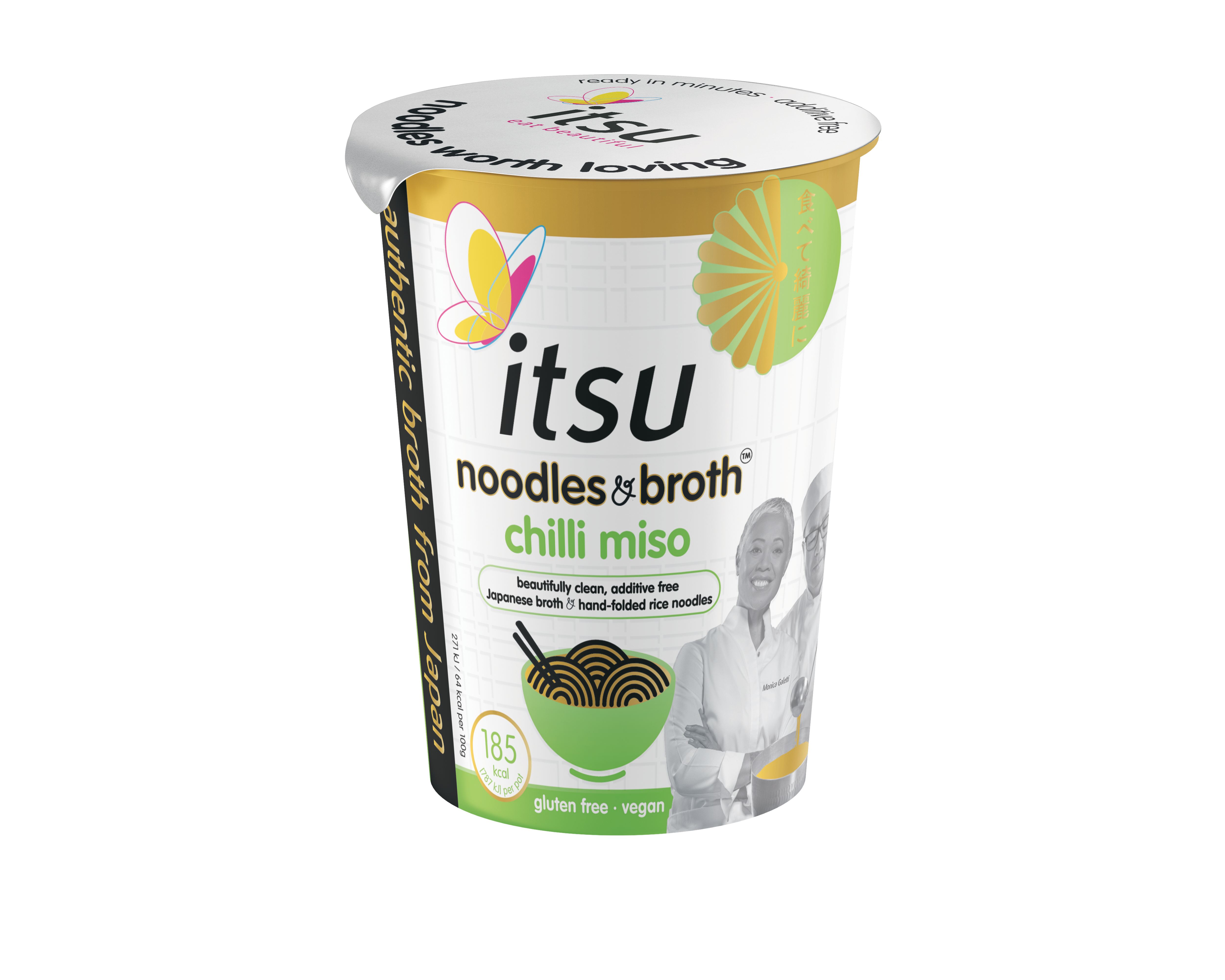 Itsu chilli miso noodles in broth cup with butterfly logo, gluten-free and vegan labels.