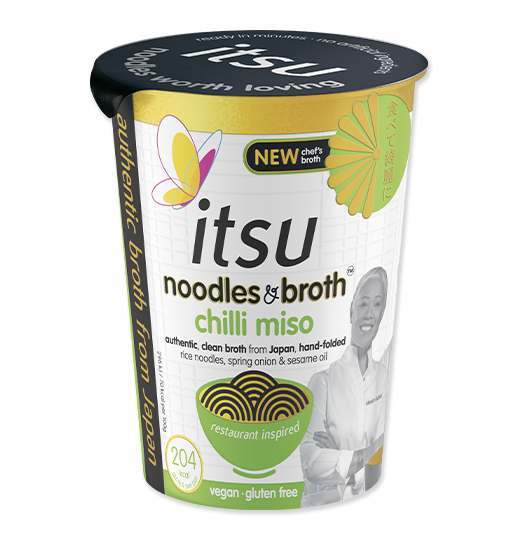 Itsu Noodles & Broth Chilli Miso cup, vegan and gluten-free, with butterfly logo.