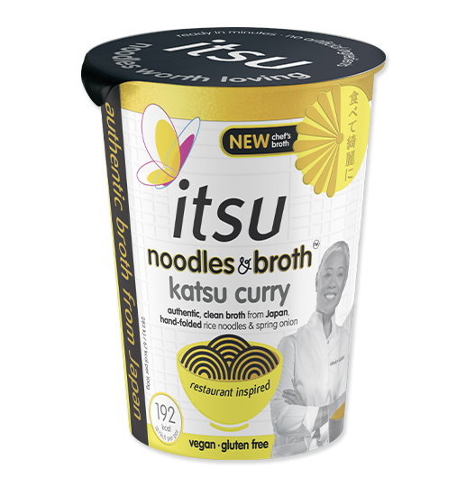 Itsu Katsu Curry noodles & broth cup, vegan and gluten-free, on a white background.