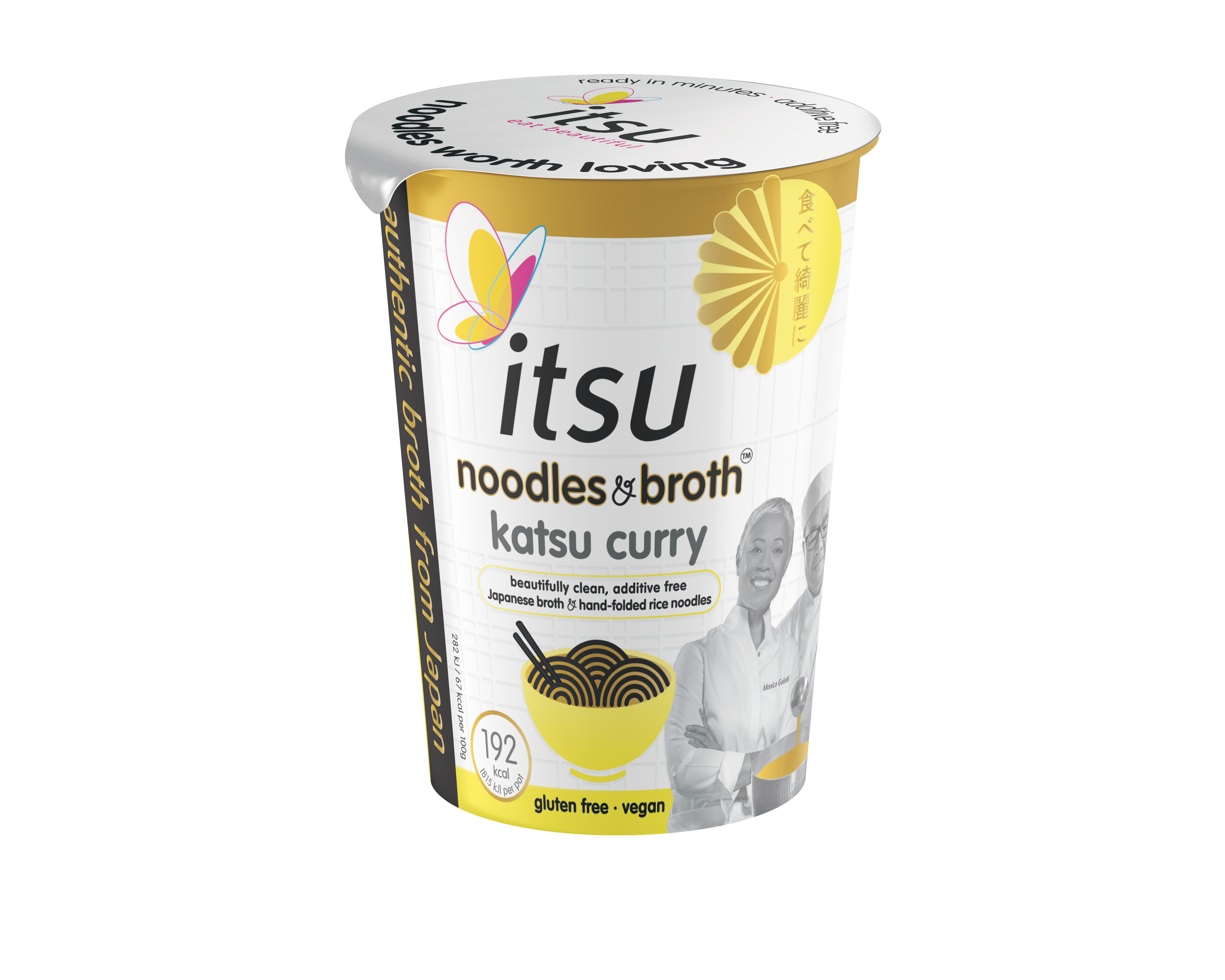 itsu katsu curry noodles in broth cup, with gluten-free and vegan labels.