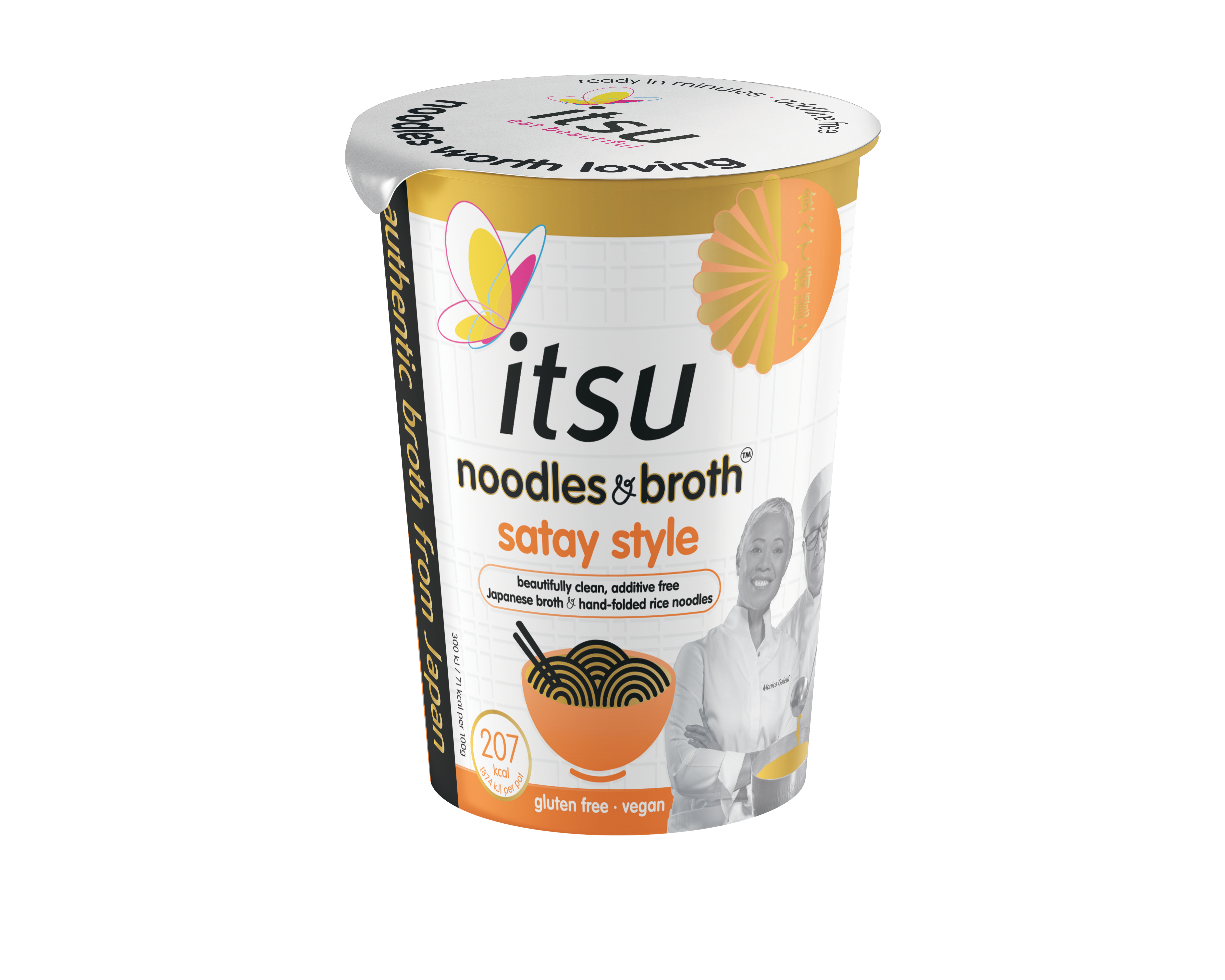 itsu noodles by broth satay style cup, featuring a white and gold design.