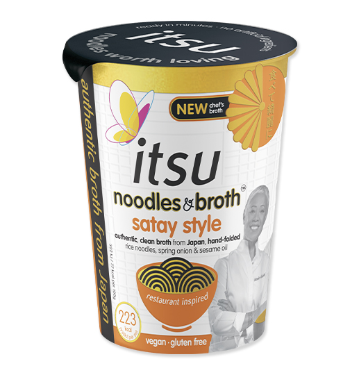 Itsu Noodles & Broth, Satay Style, vegan and gluten-free, in a white cup.