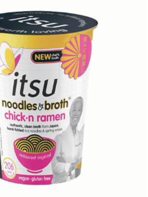 itsu chick-n ramen noodles and broth cup, new vegan product.