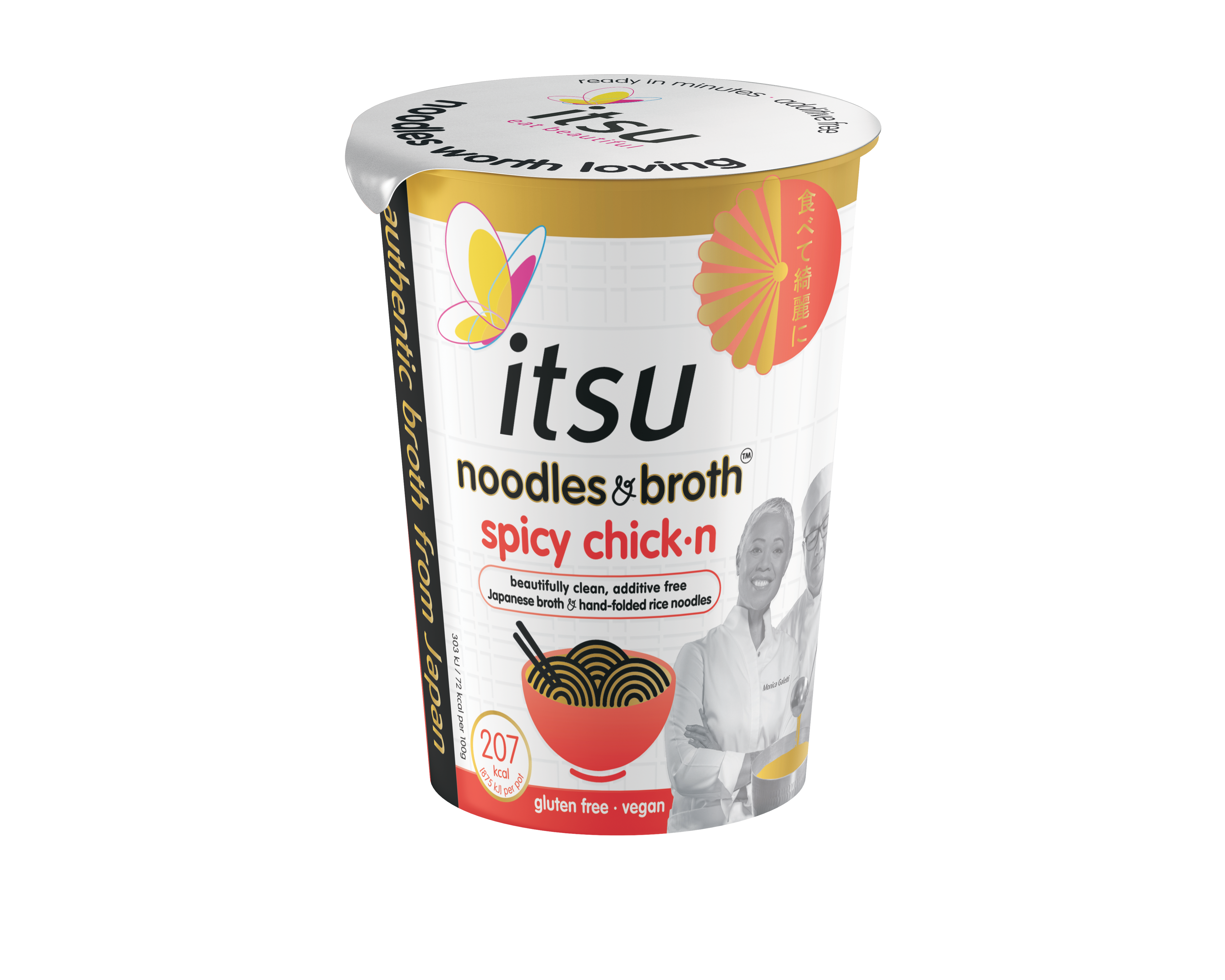 White Itsu spicy chick-n noodles in broth cup highlighting gluten-free and vegan ingredients.