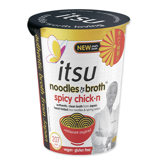 Itsu spicy chick-n noodles and broth cup, vegan and gluten-free, with a butterfly logo.