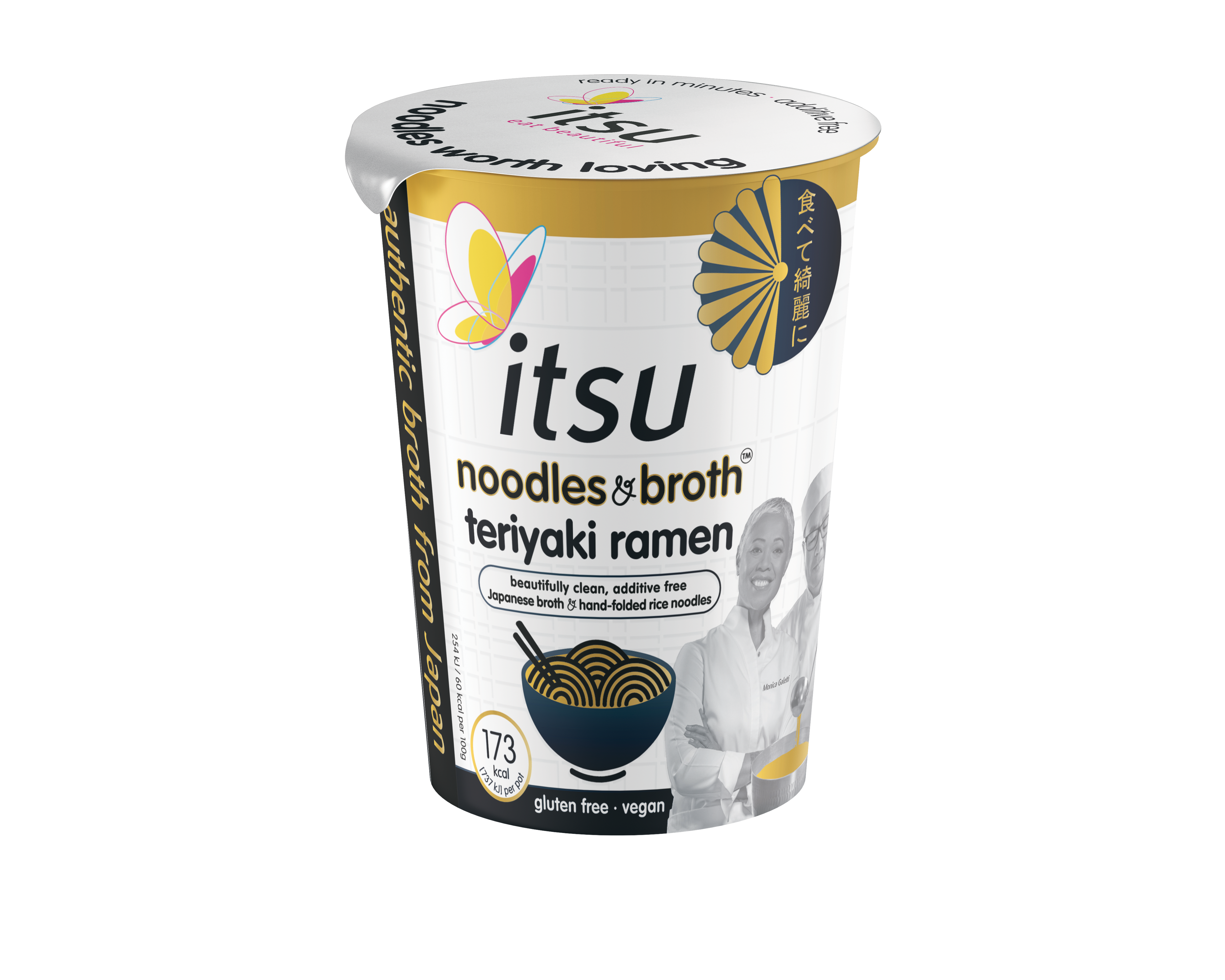 Itsu noodles in broth teriyaki ramen cup, gluten-free and vegan, with gold and white branding.
