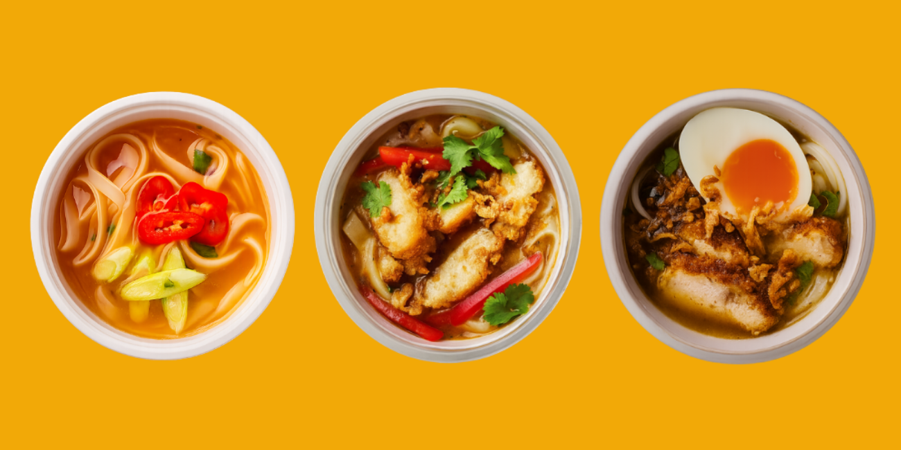 Three vibrant bowls of Asian noodle soups with different toppings on an orange background.