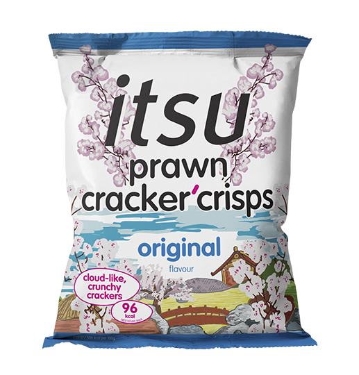 itsu original flavour prawn cracker crisps bag with cherry blossom design and text.