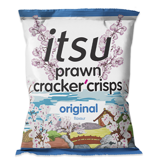 itsu original flavour prawn cracker crisps bag with cherry blossoms and landscape.