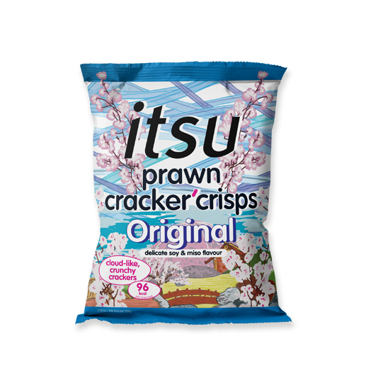 itsu prawn cracker crisps Original flavor bag, gluten-free and under 99 calories.